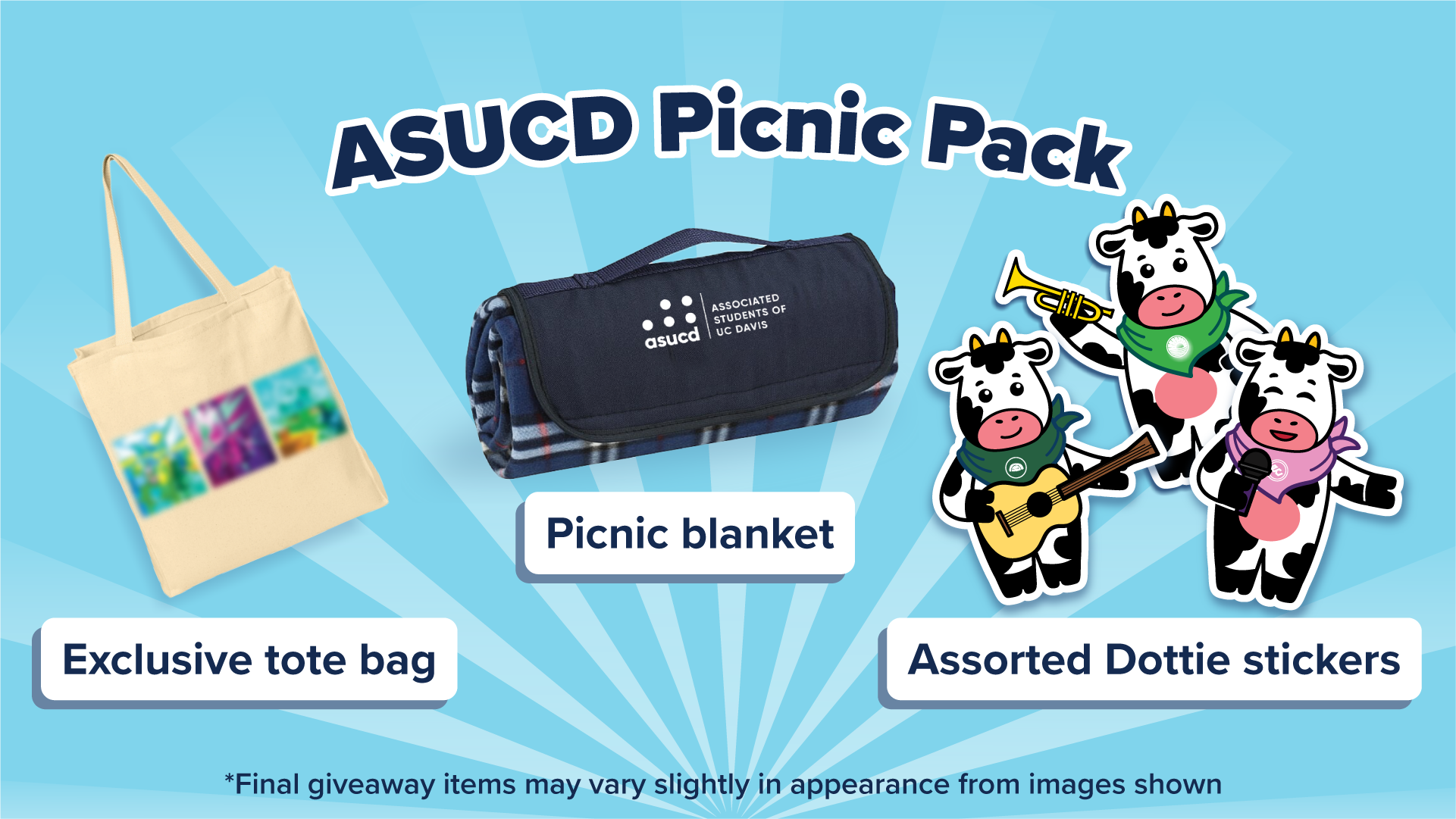 Title of ASUCD Prize Pack on the blue background. Graphic features images of a custom tote bag, ASUCD picnic blanket, and three cow stickers