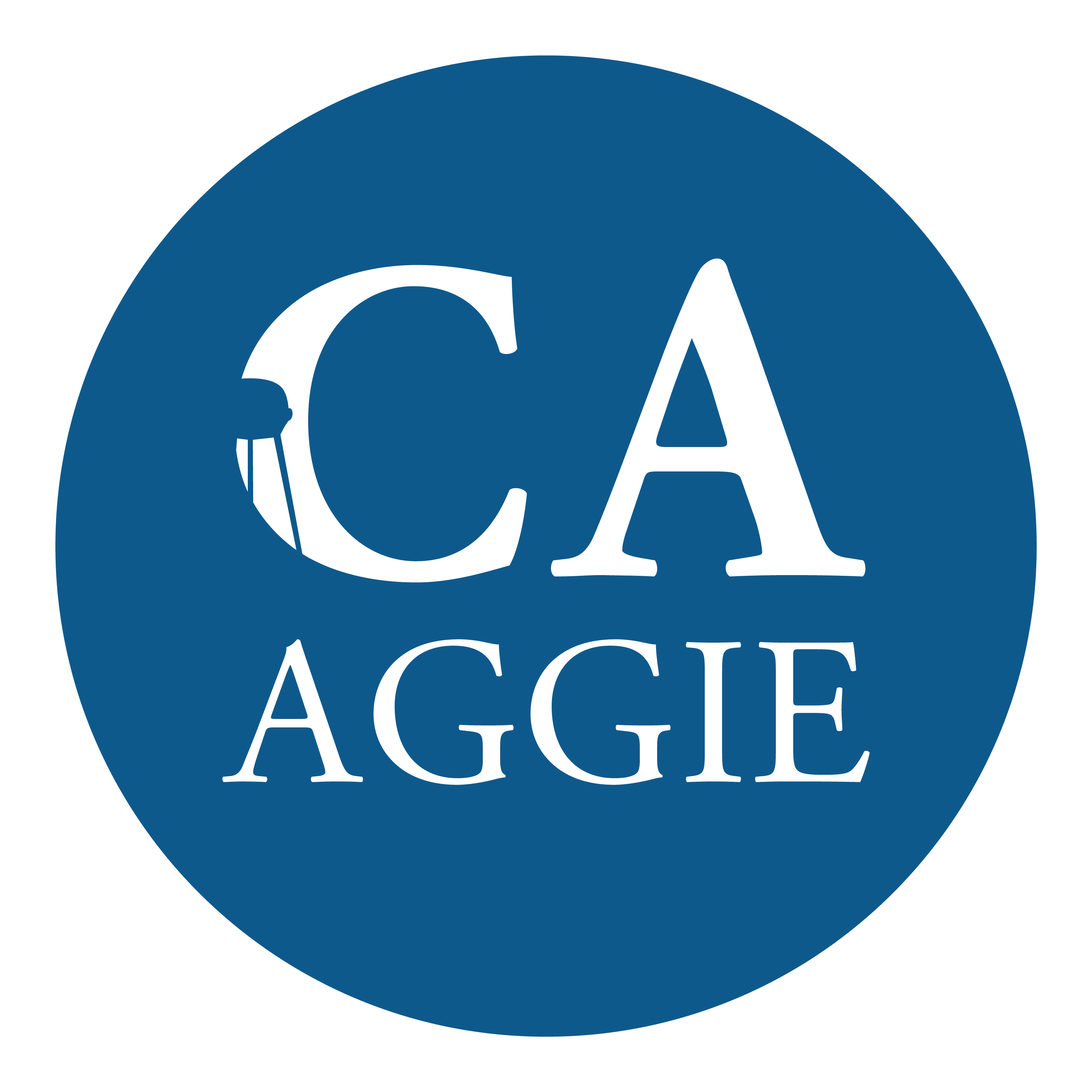 A filled blue circle with white text saying CA Aggie