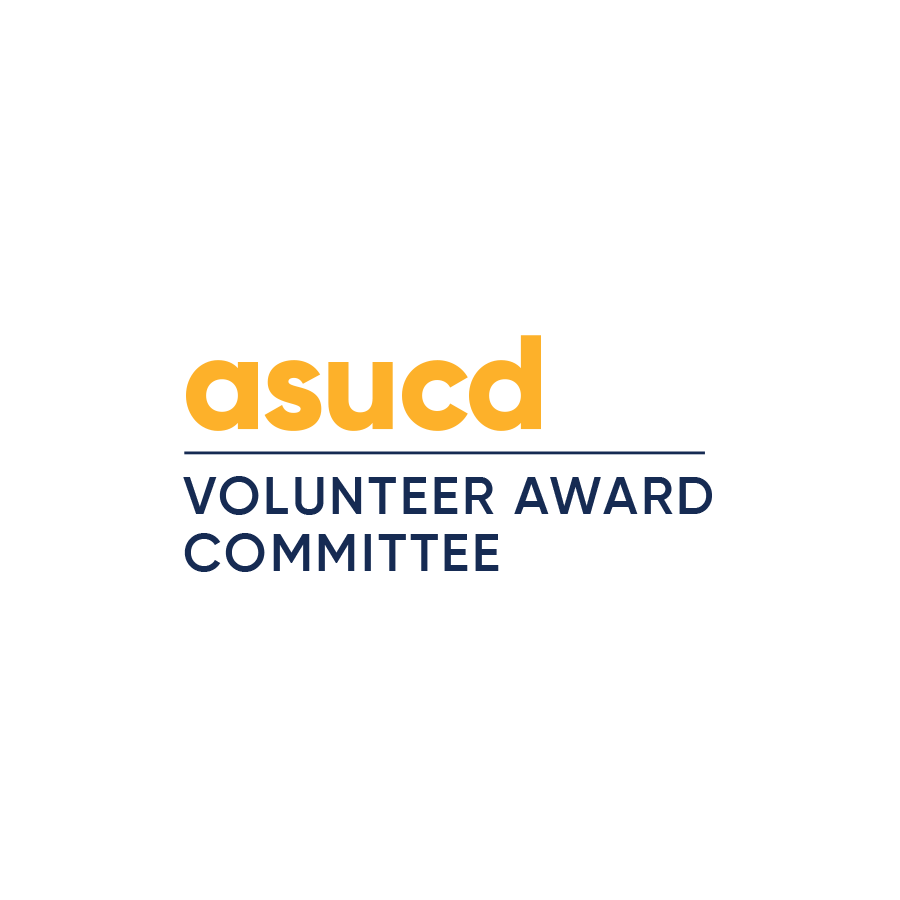 word logo - Asucd in gold and volunteer committee in navy
