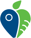 Aggie Compass logo in a hear shape that looks like an apple. half navy half green
