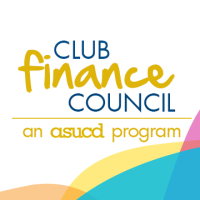 Club Finance Council in blue and gold and with rolling blue and gold circles in bottom right corner