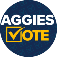 Aggies Vote navy round logo with checkmarks in the background